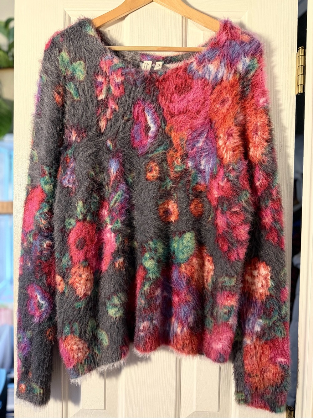 Anthropologie Meadow Rue Ariel Eyelash Floral Fuzzy Sweater Large Multicolor